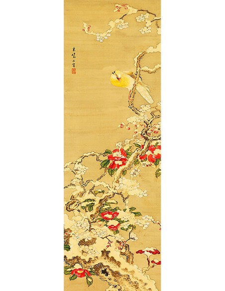 Pájaro entre camelias en la nieve