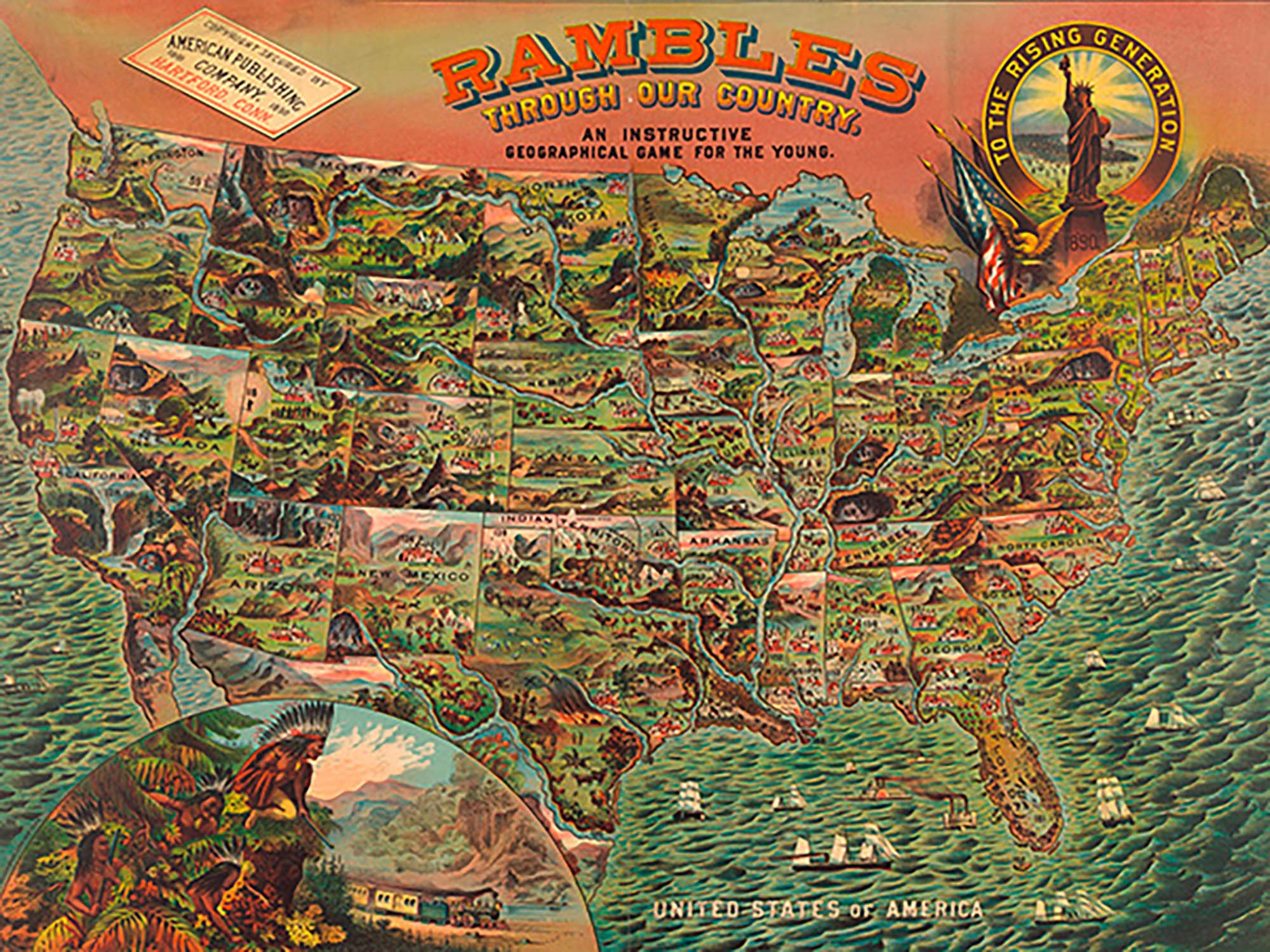 Tablero de juego con mapa de América, 1890