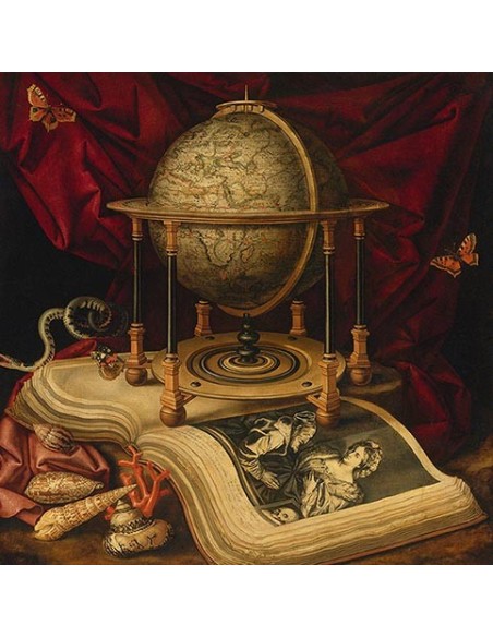 Naturaleza muerta con globo celeste, un libro, conchas, una serpiente y mariposas