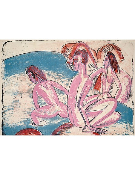 Tres bañistas junto a las piedras