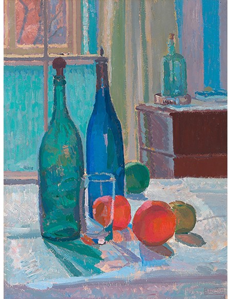 Botellas azules y verdes y naranjas