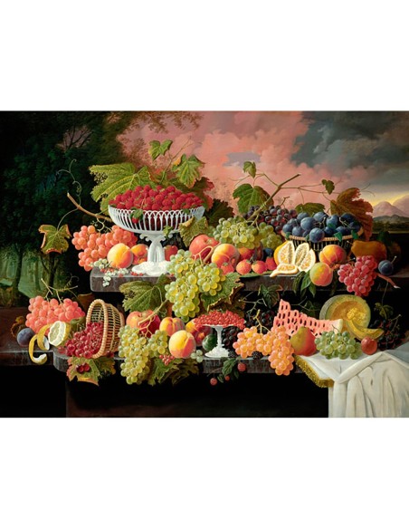 Bodegón de dos niveles con frutas y paisaje al atardecer