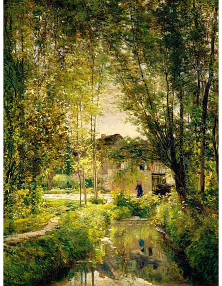 Paisaje con un arroyo iluminado por el sol