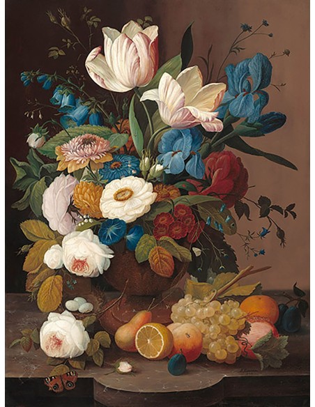 Naturaleza muerta, flores y frutas