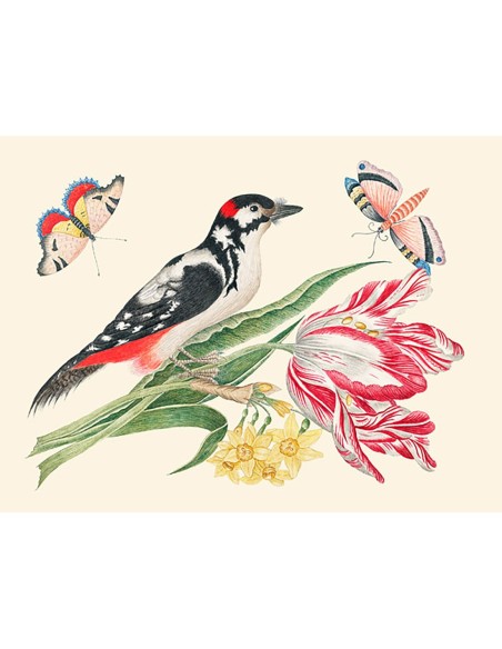 Un pájaro en un tallo de tulipán con narcisos