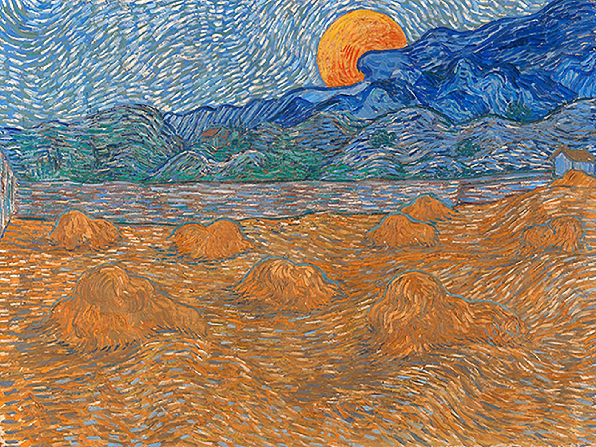 Paisaje con gavillas de trigo y luna naciente, 1889