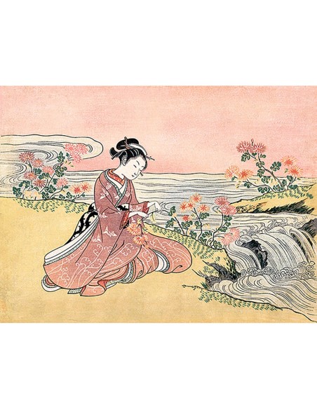 Mujer japonesa recogiendo crisantemos