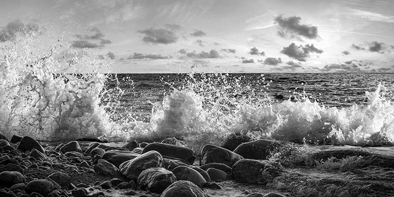 Olas rompiendo en Point Reyes, California (detalle, blanco y negro)