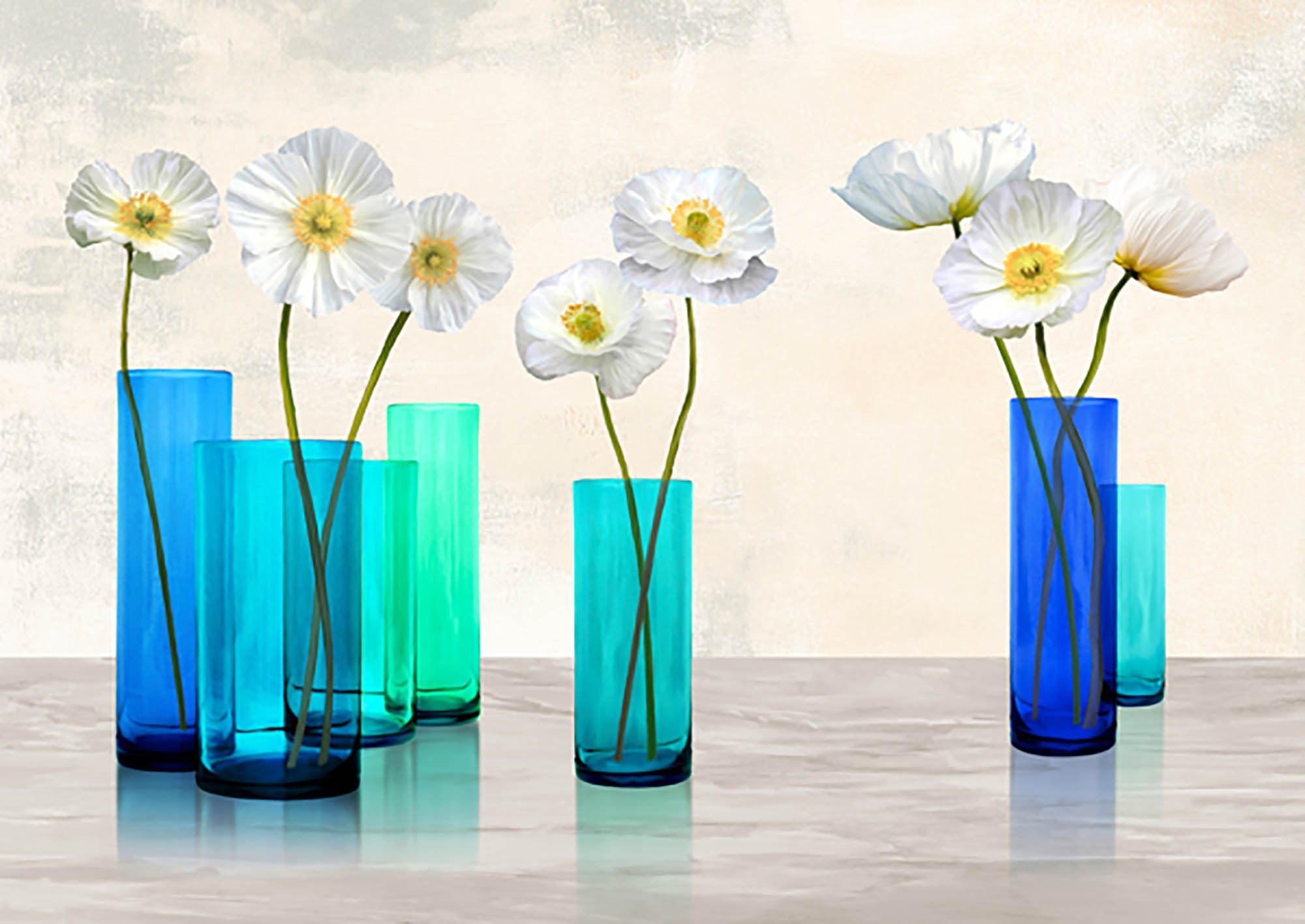 Amapolas en jarrones de cristal (paleta Aqua)