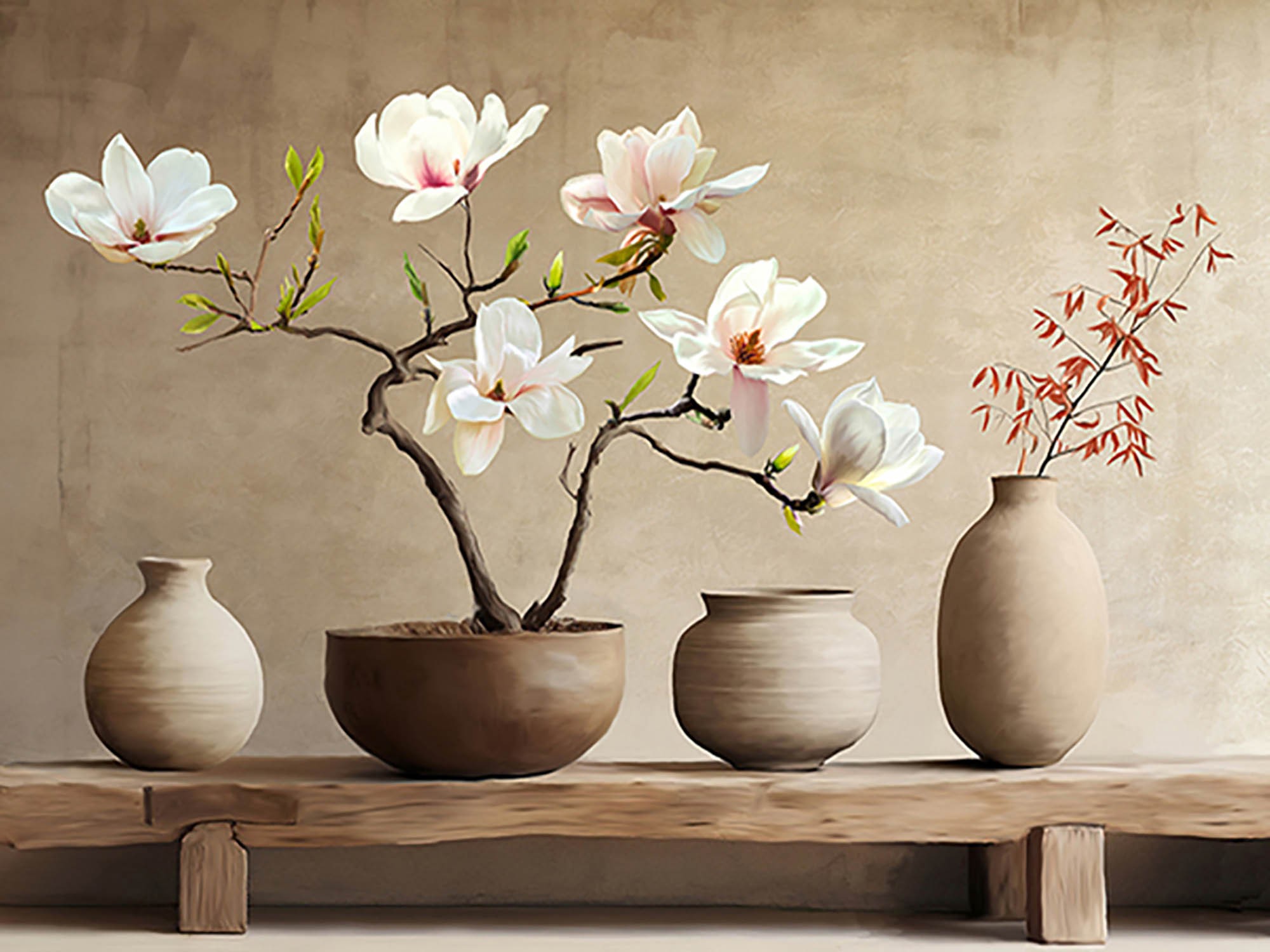 Jarrones y rama de magnolia (detalle)