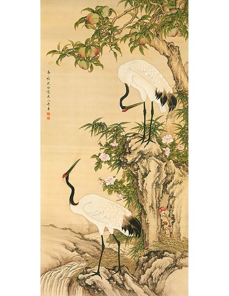 Grullas, melocotonero y rosas chinas