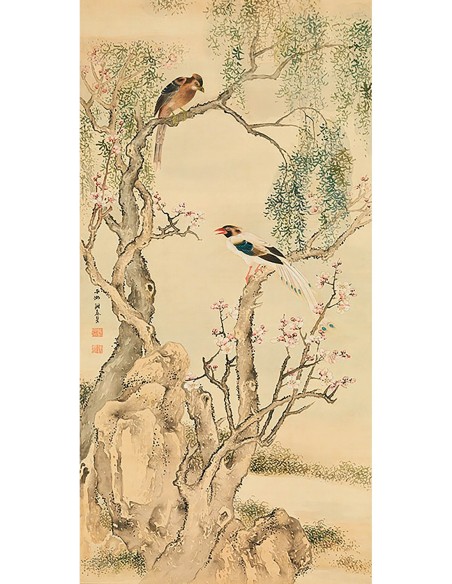 Pájaros en ramas floridas