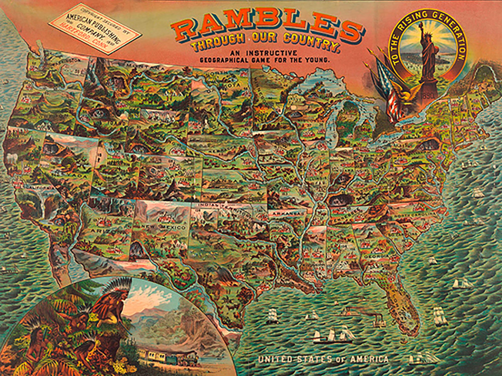 Tablero de juego con mapa de América, 1890