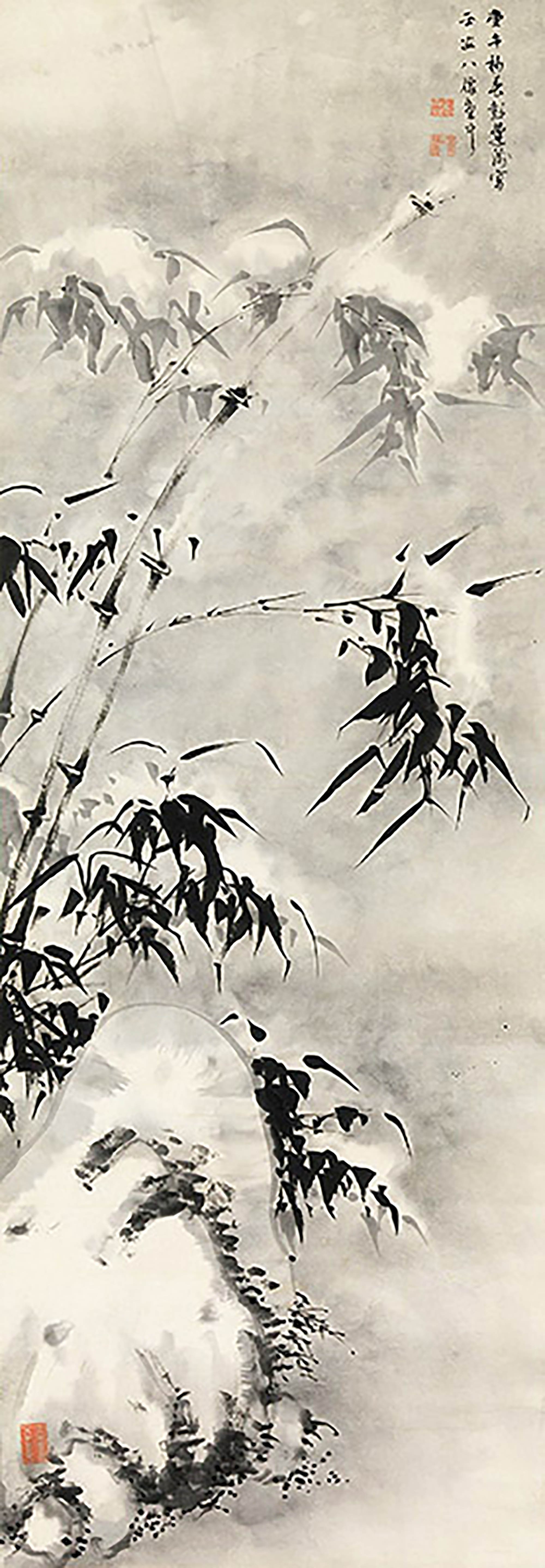 Bambú y roca en la nieve