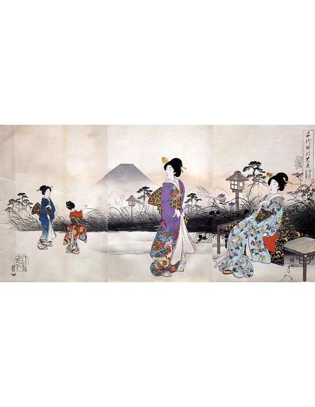 Japoneses en el paseo frente al monte Fuji