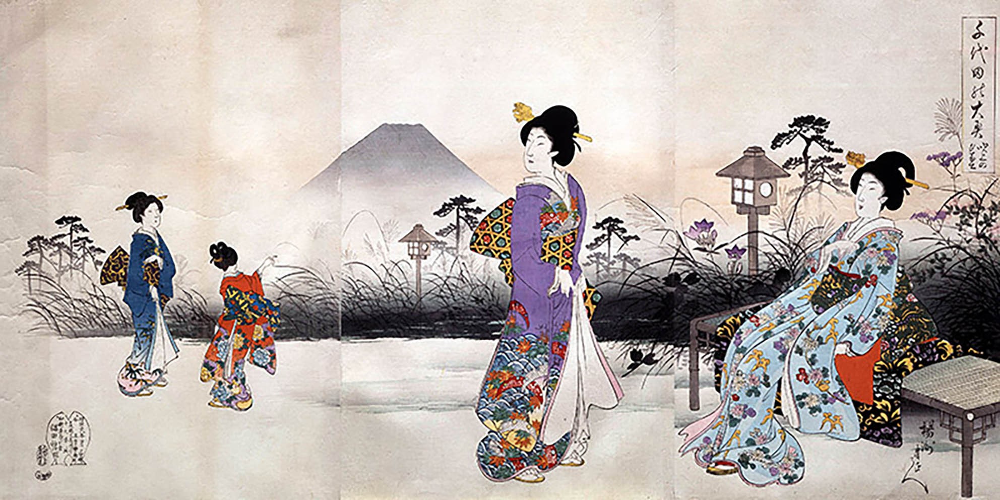 Japoneses en el paseo frente al monte Fuji