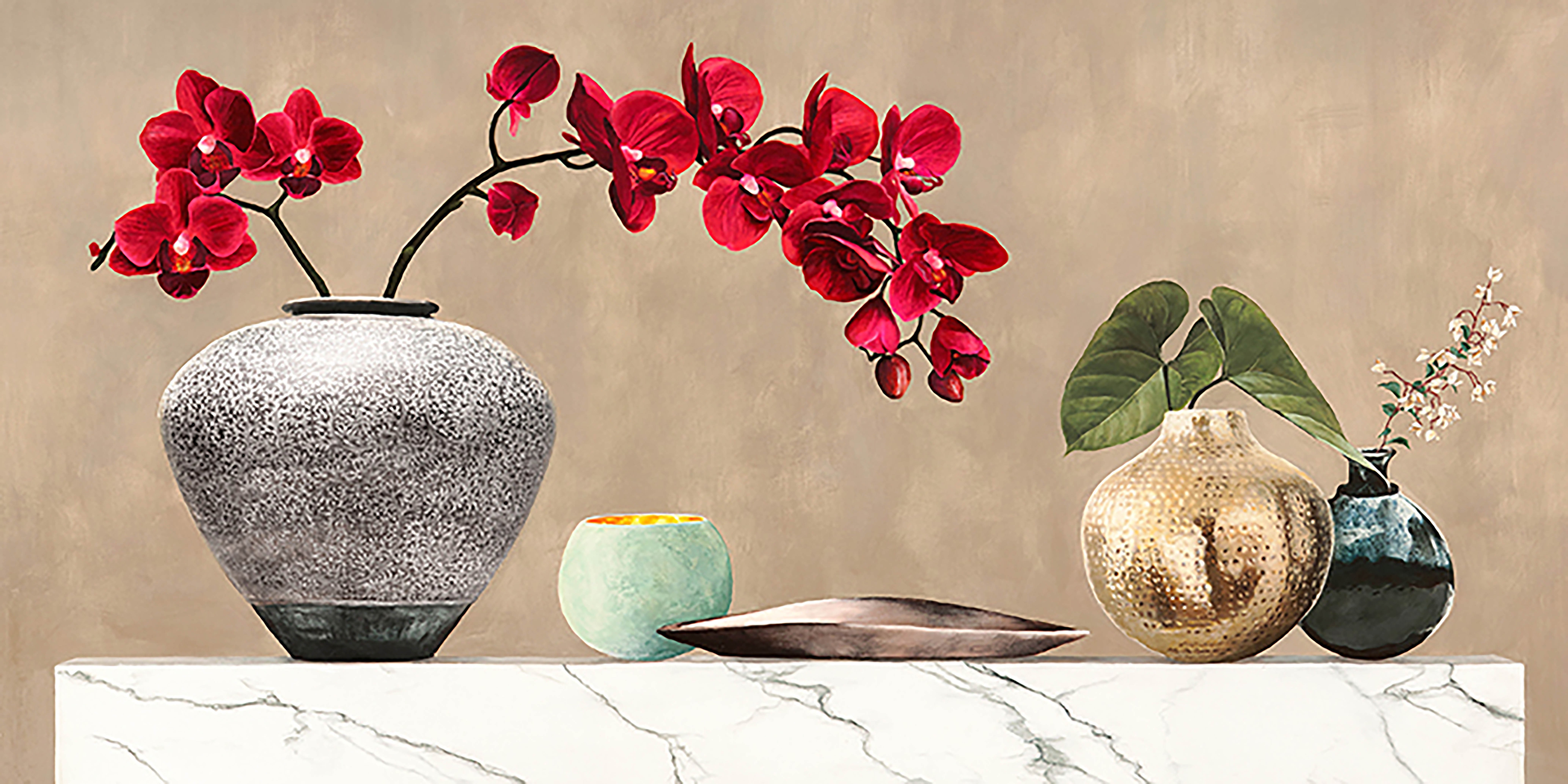 Orquídeas rojas sobre mármol blanco