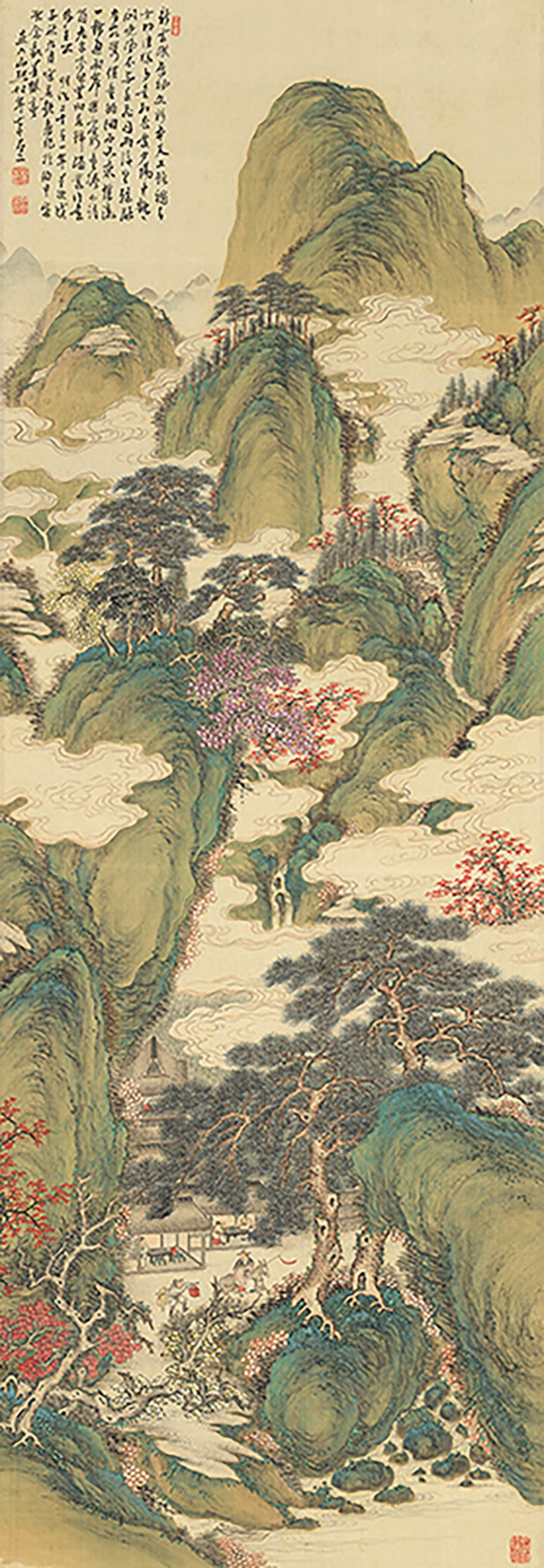 Nubes blancas y árboles carmesí